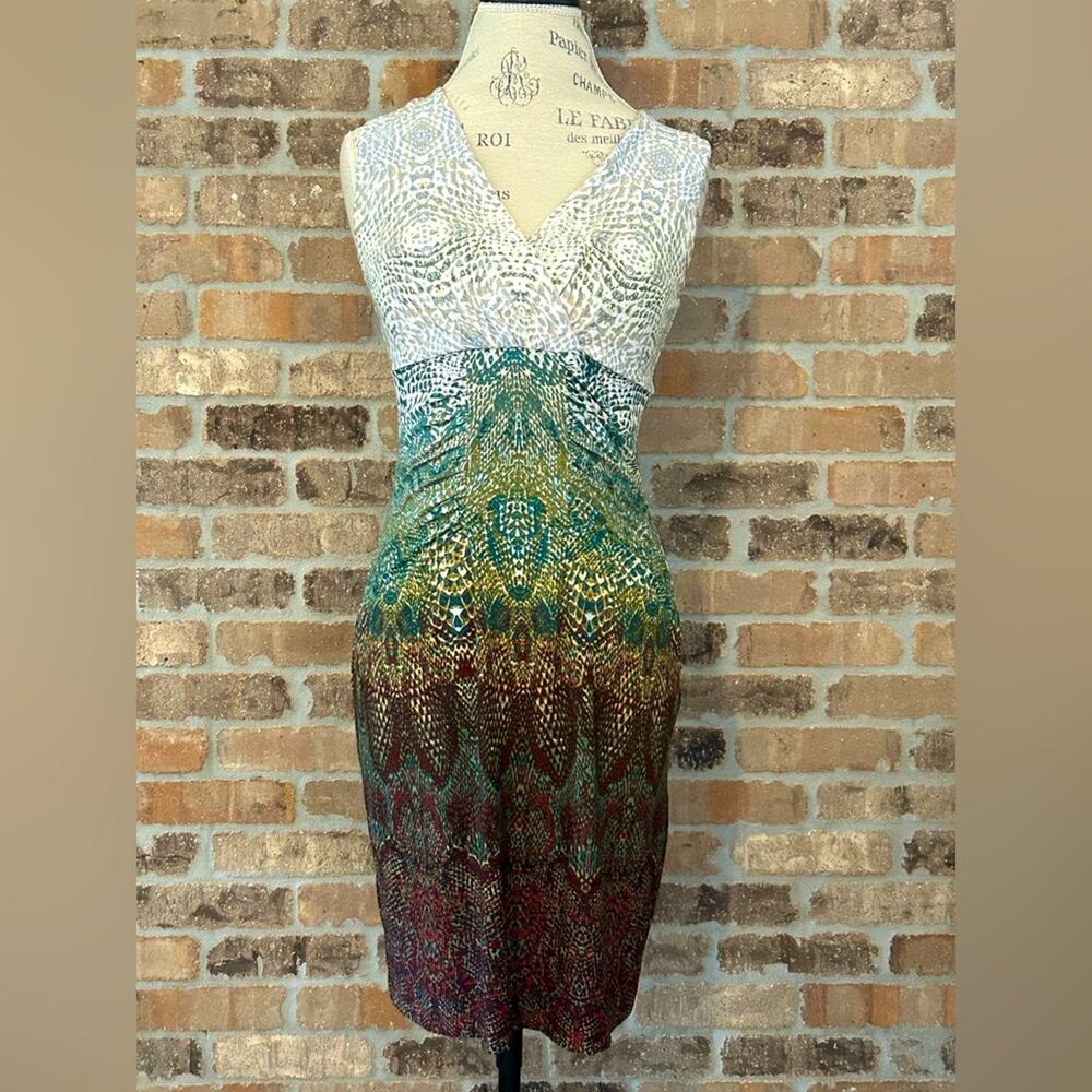 Calvin Klein green brown ombré reptile print batik style stretch dress small